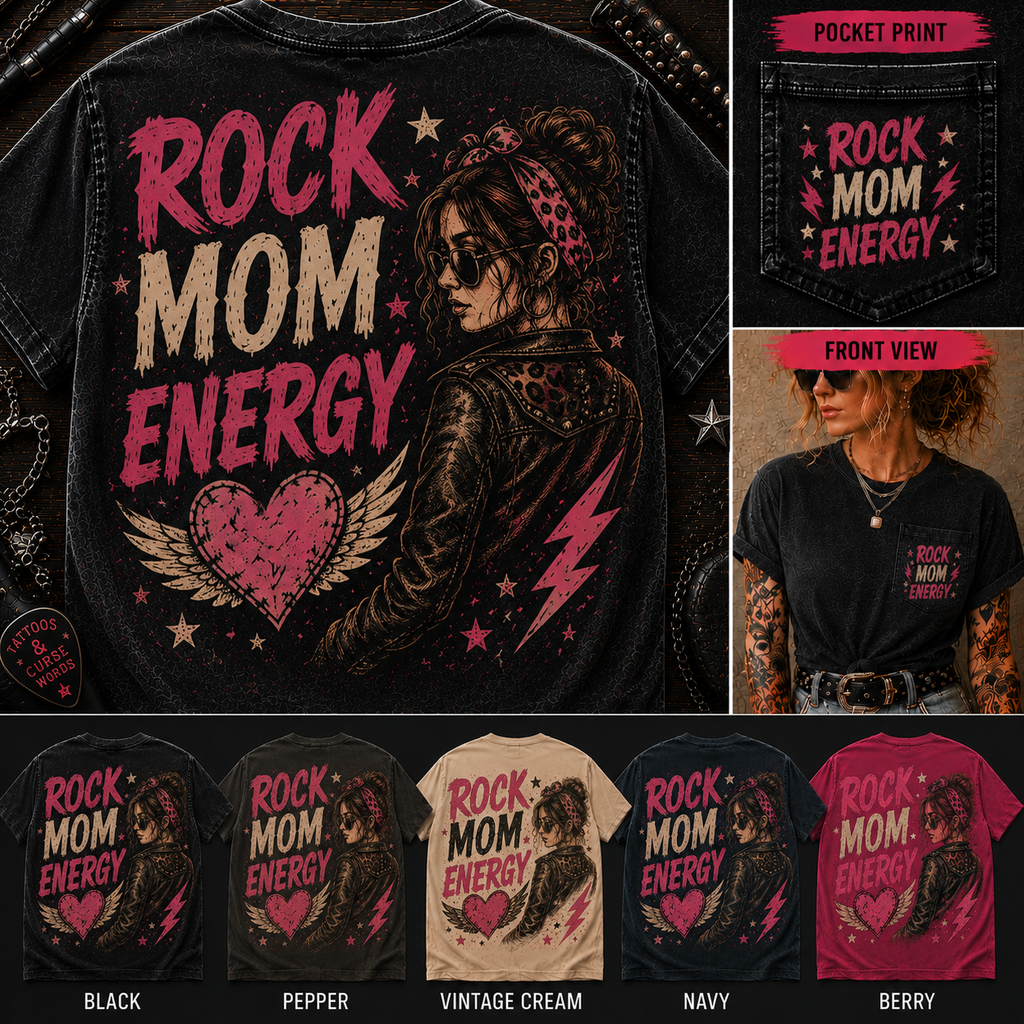 Rock Mom Energy vintage rock graphic tee in five colorways