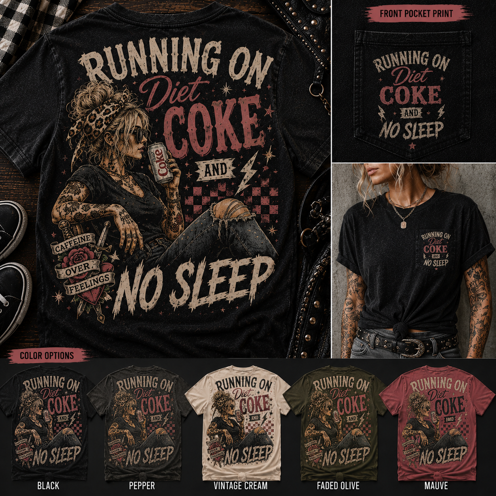 Running on Diet Coke and No Sleep vintage graphic tee in five colorways
