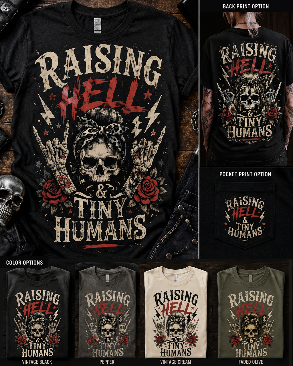 Raising Hell and Tiny Humans skull tattoo graphic tee