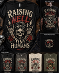 Raising Hell and Tiny Humans skull tattoo graphic tee
