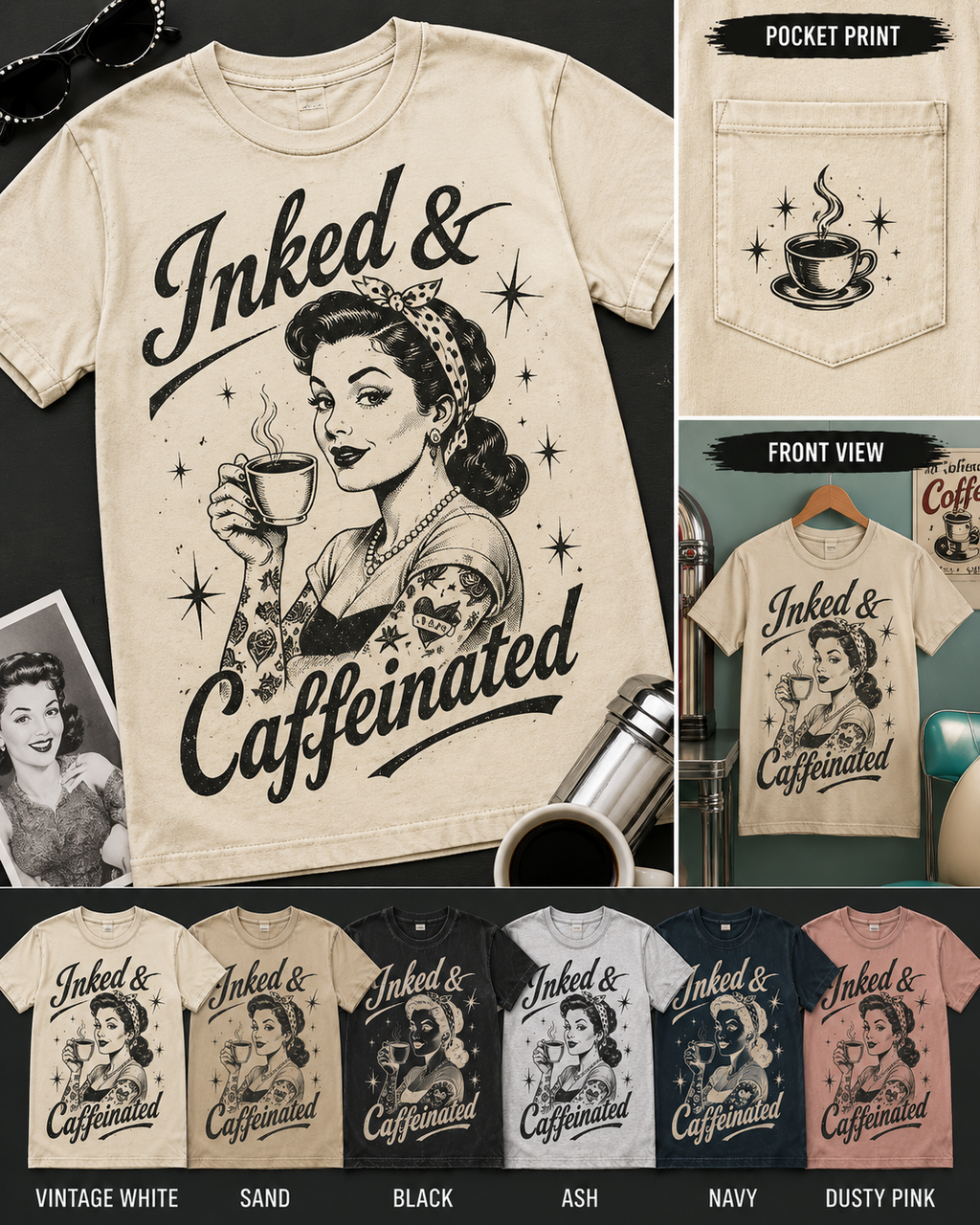 Inked and Caffeinated vintage pinup graphic tee