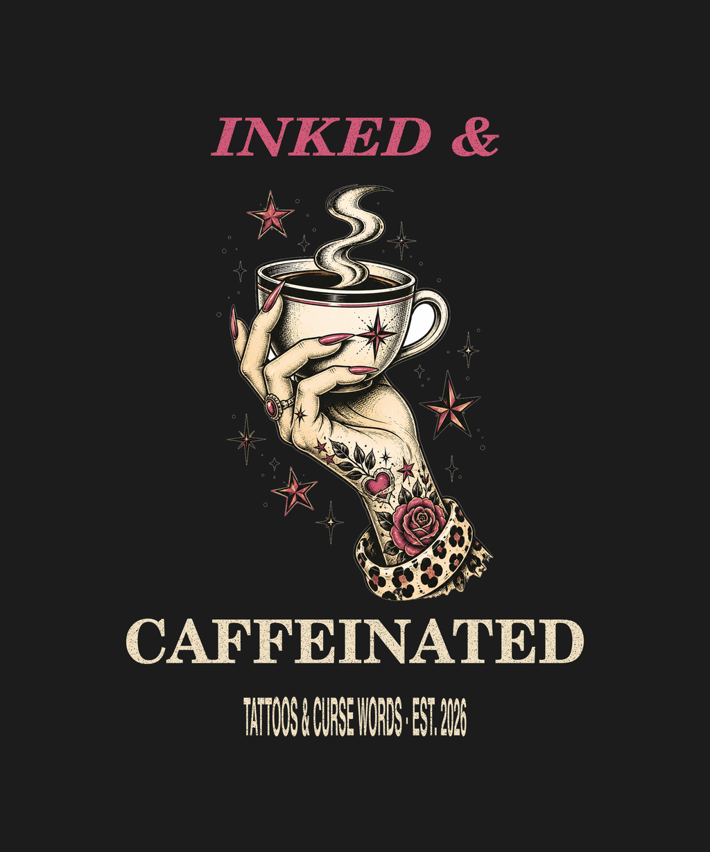 Inked & Caffeinated pinup hand — black tee