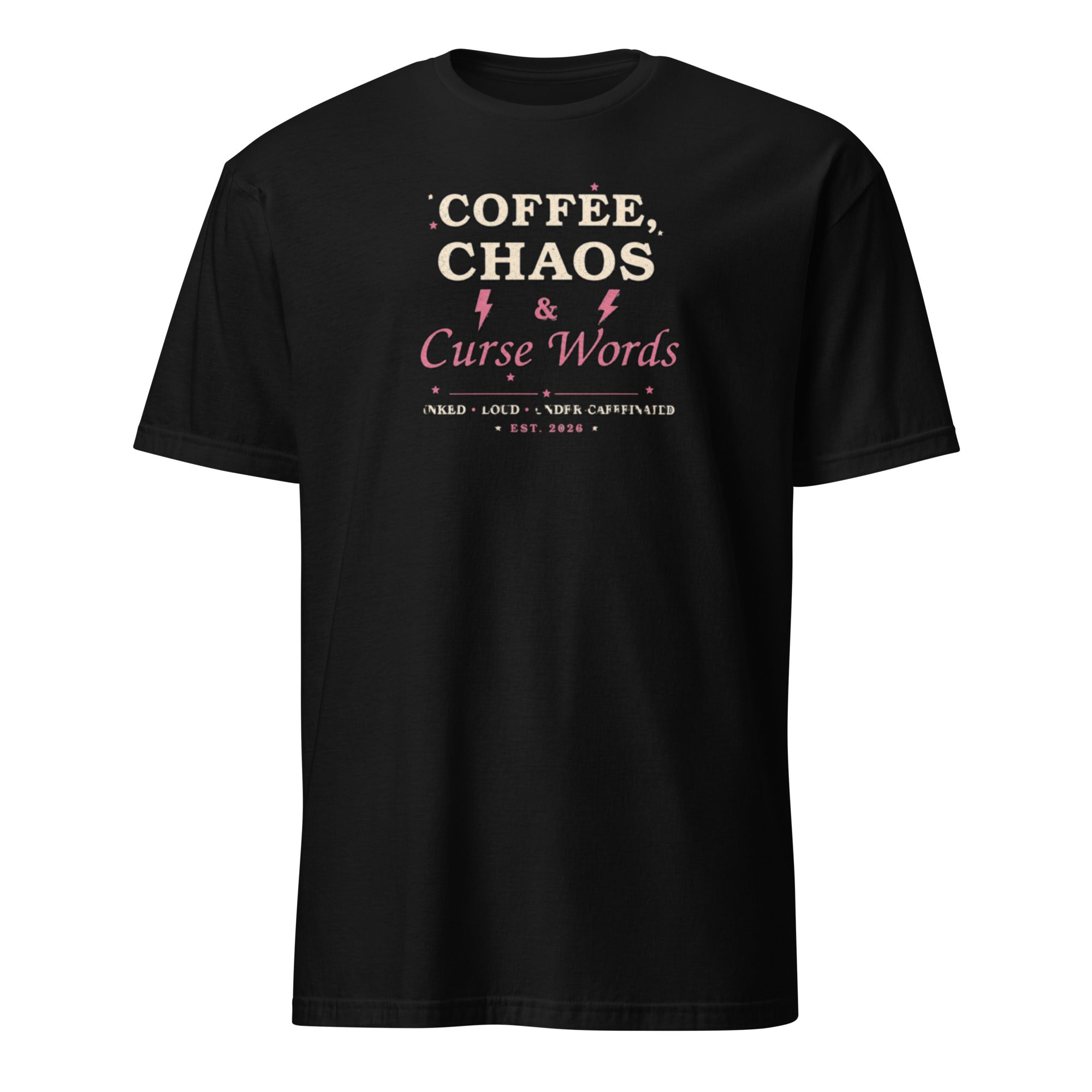 Coffee Chaos and Curse Words women's tee, black