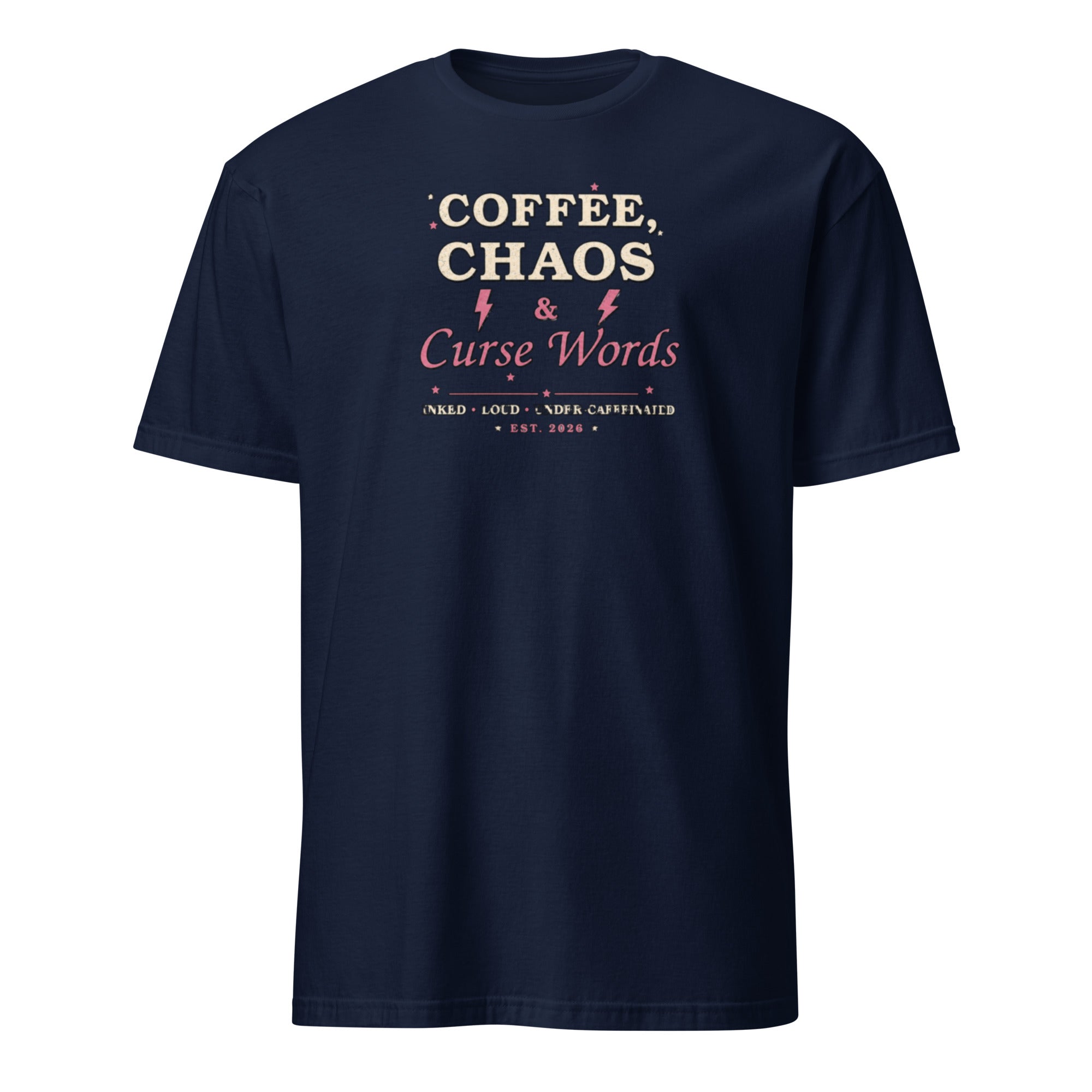 Coffee Chaos and Curse Words women's tee, navy