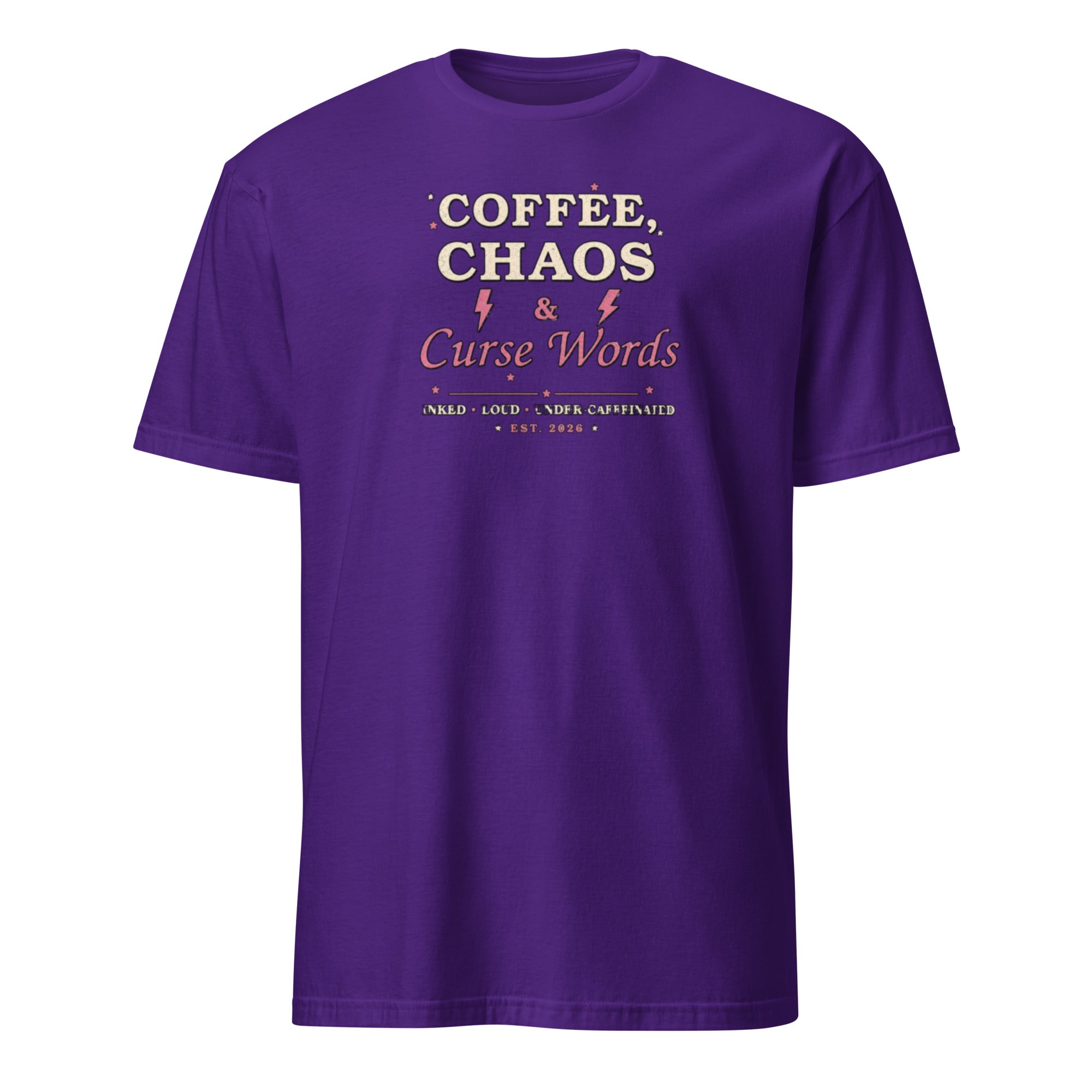 Coffee Chaos and Curse Words women's tee, purple